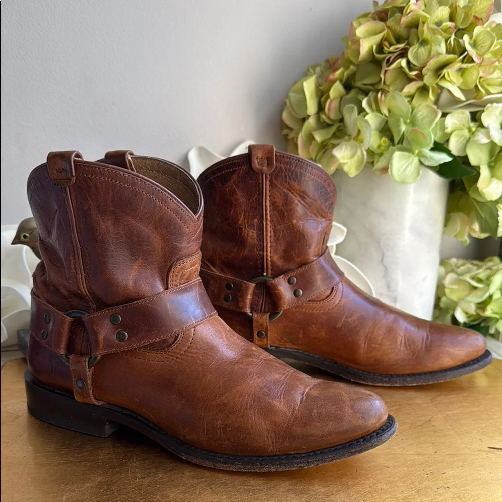 Frye Wyatt Harness Distressed Short Boot in Cognac Leather
